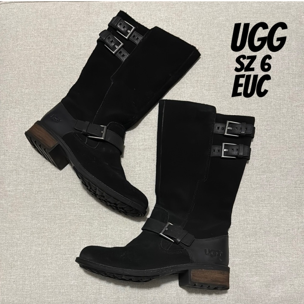 Auth UGG Suede Everglayde Moto Vibes Boots-Black-Sz 6-EUC-Inside Zippers-Heel